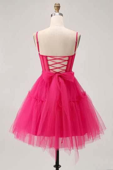 Fuchsia A Line Tulle Corset Homecoming Dress with Beading